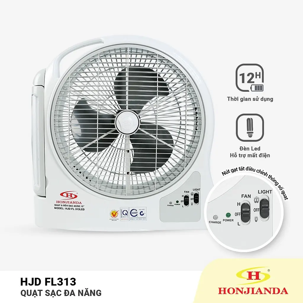 Quạt Sạc Tích Điện dạng hộp 12 inch Honjianda - có đèn LED & USB - 10