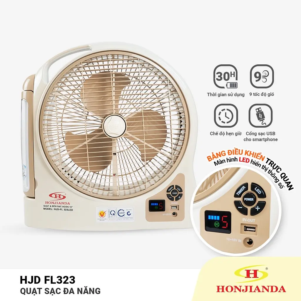 Quạt Sạc Tích Điện dạng hộp 12 inch Honjianda - có đèn LED & USB - 9