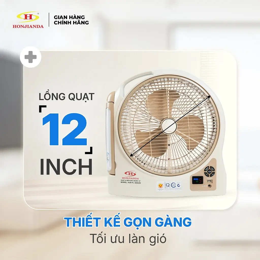 Quạt Sạc Tích Điện dạng hộp 12 inch Honjianda - có đèn LED & USB - 3