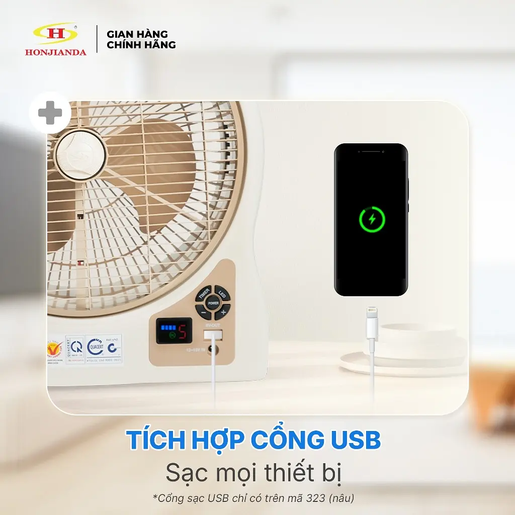 Quạt Sạc Tích Điện dạng hộp 12 inch Honjianda - có đèn LED & USB - 7