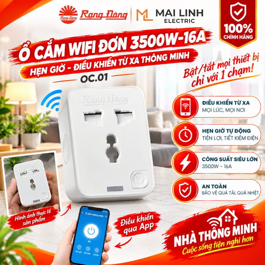 Ổ cắm Wifi Rạng Đông OC.01 – ổ cắm tuya wifi