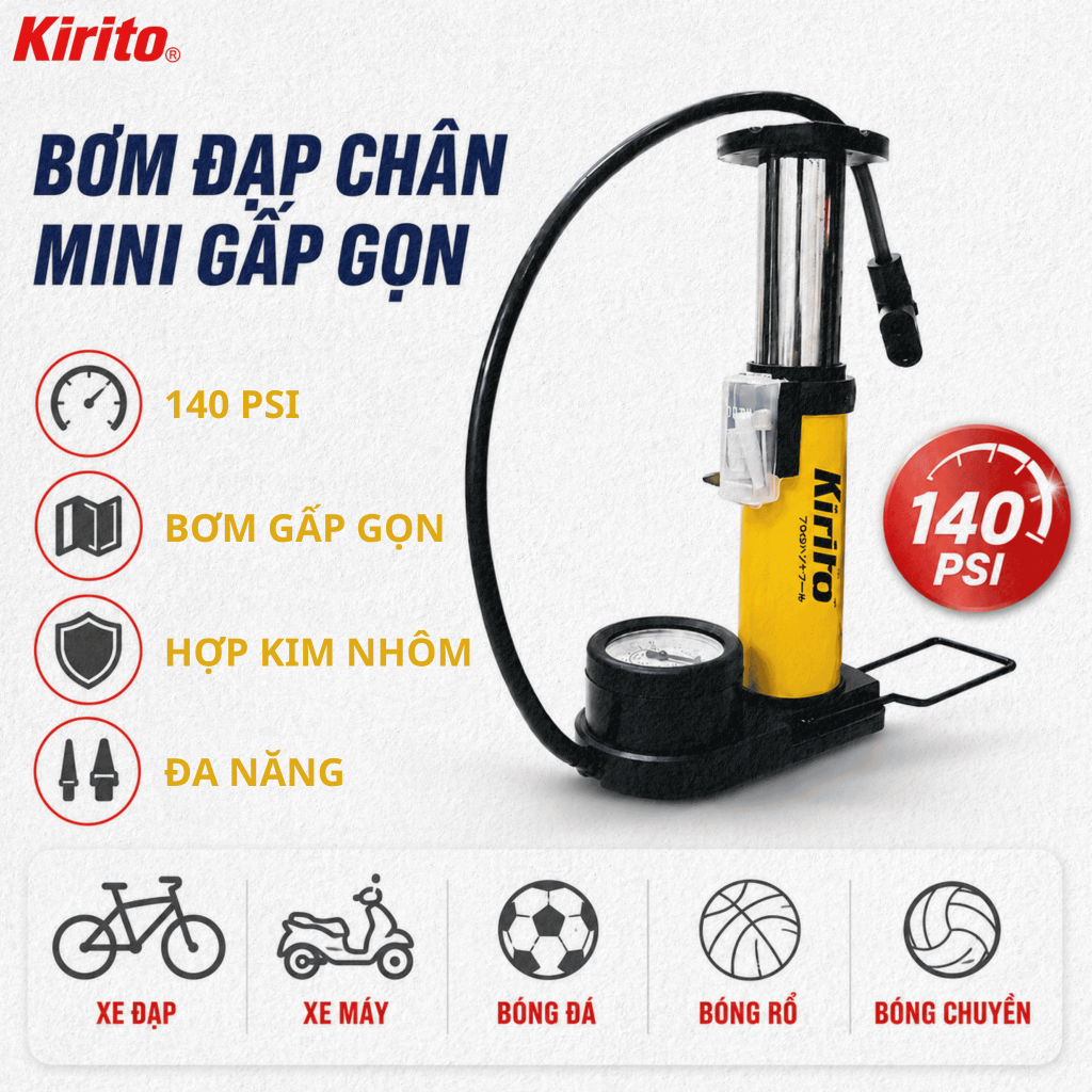 Bơm đạp chân Kirito 140PSI – bơm đạp chân mini